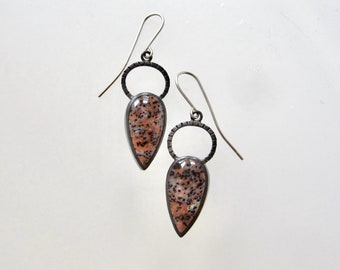 Cheetah Agate Cabochon and Sterling Silver Drop earrings, Antiqued orange and black earrings