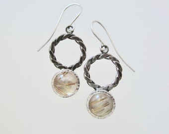 Rutilated Quartz and Sterling Silver Dangling Earrings, Circular earrings, Twist pattern earrings