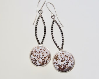 Round Bloodstone cabochon and Sterling Silver Dangling Earrings