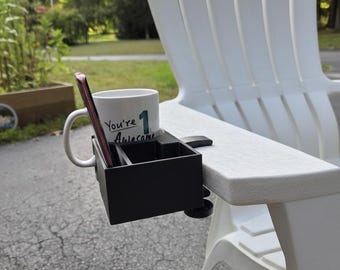Clamp-On Cup and Phone Holder for Chairs, Desks, Outdoor Use