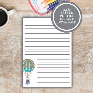 Hot Air Balloon Stationery, Printable Stationary Paper, Stationery Paper Download, Letter Writing Stationery, A4 Stationery Printables