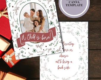 Tarjeta navideña cristiana con foto, plantilla de tarjeta navideña con foto, descarga digital, tarjeta navideña religiosa con foto en Canva, nace un niño