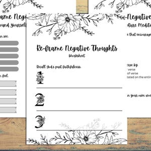 May include: Printable worksheet with floral borders and the title "Re-frame Negative Thoughts". The worksheet includes three numbered sections with lines for writing and the text "Recall God's past faithfulness."