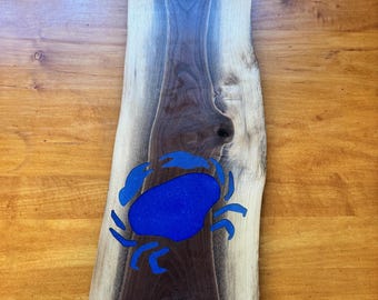 Resin Inlay Cutting Board, Live Edge Serving Tray, Serving Tray with handles, Blue Serving Tray, Crab Kitchen Gift