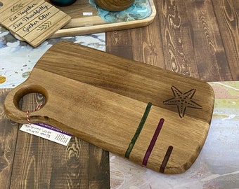 Charcuterie Cutting board with resin, Cheese board, Butter Board with Resin Accents, Wood burned Starfish 8.5x11 Inches
