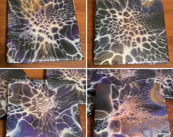 Ceramic Tile Coasters, Handpainted Acrylic Pouring Bloom Style, Resin Coated