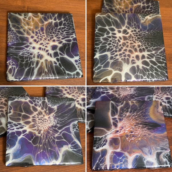 Ceramic Tile Coasters, Handpainted Acrylic Pouring Bloom Style, Resin Coated