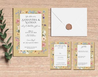 Wildflower Wedding Invite, Secret Garden Wedding Invitation, Yellow Wedding Invitation Suite, Personalized Wedding Invitations Digital