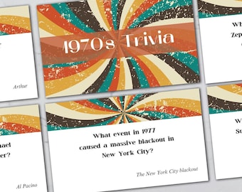 Op de afbeelding: Trivia-kaarten met een thema uit de jaren 70, met een retro-ontwerp in oranje, bruin en teal. De kaarten tonen de tekst "1970s Trivia" en trivia-vragen. Het ontwerp heeft een vintage uitstraling.