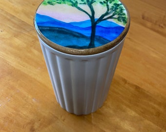 Kitchen counter storage, Watercolor Art, Mothers Day Gift, Hand painted Canister lid, Tea or Coffee Storage Container