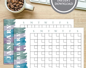 May include: Two blank monthly calendar pages with a watercolor design in shades of blue, purple, and green. The word "January" and "February" are printed vertically on the left side. A cup of coffee beans and a keyboard are in the background. The text "17x11 PDF FILE INSTANT DOWNLOAD" is in a circle.