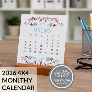 Druckbarer 2026 Desktop Kalender, druckbarer Minikalender, 4x4 Kalender Download, Digitaler Download Kalender, Mini Kalender Printables