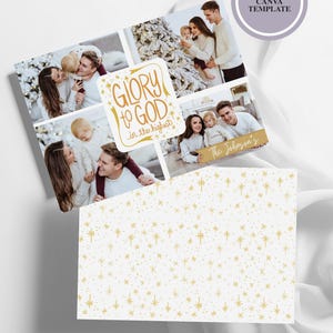Könnte beinhalten: Eine Weihnachtskarten-Vorlage mit Familienfotos und dem Text "Ehre sei Gott in der Höhe". Die Karte hat ein goldenes Sternmuster auf der Rückseite und enthält einen Kreis mit dem Text "Bearbeitbare Canva-Vorlage."