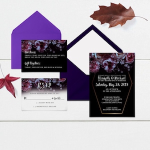 Invitación de boda oscura y melancólica, invitaciones de boda románticas, boda floral, conjunto de invitaciones de boda, conjunto de invitaciones