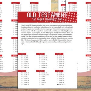 May include: A printable Old Testament reading plan for 52 weeks. The plan is designed to guide readers through the stories, prophecies, and wisdom of the Old Testament. The plan is printed on a white background with red polka dots and a red title bar.