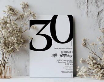 30th Birthday Invite Digital, Canva Template Birthday Invitation, Evite Template, 5x7 Invitation, Birthday Milestone 30, Black and White