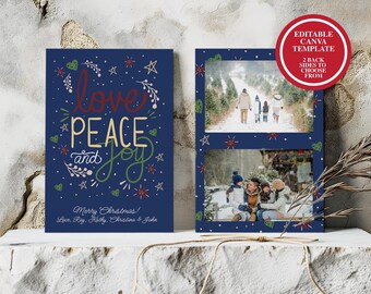 May include: Navy blue Christmas card with the words "love, peace, and joy" in a festive design. The card includes space for photos and the text "Merry Christmas! Love, Ray, Kathy, Christina & John."