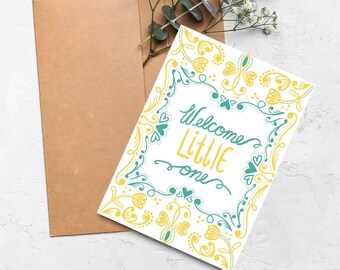 Scandinavian New Baby Card | Nordic Folk Art Welcome Little One Card | Scandi Hygge Baby Card | Blank Inside with Envelope