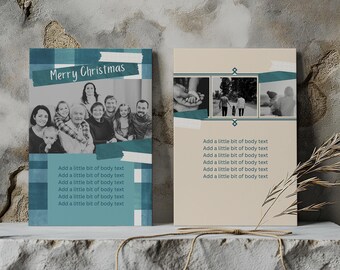 Plantilla de tarjeta navideña a cuadros, tarjeta navideña azul, plantilla de tarjeta navideña con foto, plantilla de tarjeta navideña Canva, tarjeta navideña imprimible
