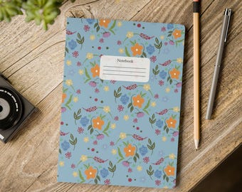 Floral Lined Journal, Sky Blue Wildflower Notebook, Folk Art Journal, Small Notebook