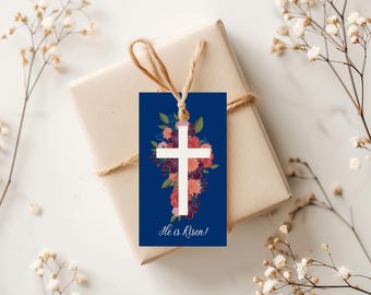 Easter Basket Gift Tag, He is Risen Easter Gift Tag, Floral Easter Tags, Easter Gift Tag Digital Download, Flowers and Cross