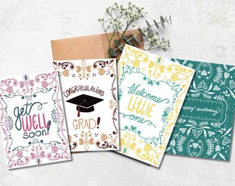 Scandinavian Greeting Card Set of 4 | Nordic Folk Art Cards | Get Well Soon, Grad, New Baby, Birthday | Hygge Style Floral Doodle Cards