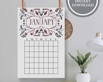 Digital Download Calendar, Monthly Blank Calendar, Wall Monthly Calendar Fill In, Blank Printable Calendar, 11x17 Printable Calendar