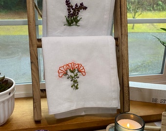 Towel embroidered, Wildflowers Freehand embroidered Towel, 28x28, 100% Cotton, with satin loop hanger, bread basket towel