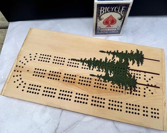 Wood Cribbage Board – Pacific Northwest Pine Tree Design | 3 Track with Pegs & Cards