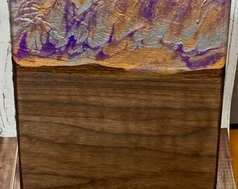 Bread Board, Charcuterie Board, Cheese Board 8.5x11. Gold & Purple. Resin Coated Serving Platter. Painted Cutting Board. Fluid Art.