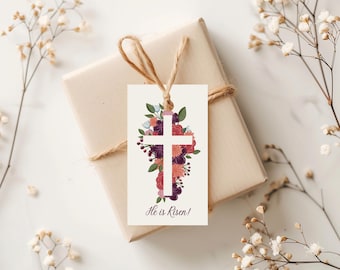 Flowers and Cross Easter Basket Gift Tag, He is Risen Easter Gift Tag, Floral Easter Tags, Easter Gift Tag Digital Download