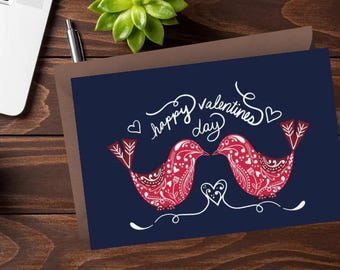 Valentines Day Card, Scandinavian Valentines, Greeting Card Valentines, Blue Valentines, Red Birds