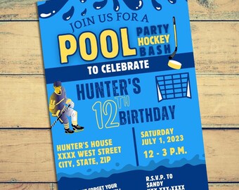 May include: Blue and yellow birthday party invitation for a pool hockey bash to celebrate Hunter's 12th birthday. The invitation includes a cartoon hockey player, a hockey net, and the text "Join us for a Pool Hockey Bash to celebrate Hunter's 12th Birthday".