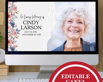 May include: Editable Canva template for a memorial video featuring a floral design with blue and pink flowers, a lace border, and the text "In Loving Memory of Cindy Larson July 24, 1946 - December 10, 2025".