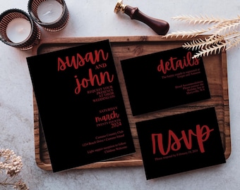 Red Black Wedding Invitation, Canva Wedding Invitation Template, Digital Wedding Invitation Template, Wedding Invitation Template Download