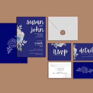 Blue Floral Wedding Invitation Suite, Royal Blue Wedding Invitation, Blue Wedding Invitation Template, Canva Wedding Invitation Template