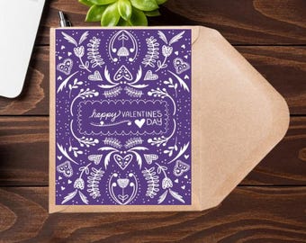 Valentines Day Card, Scandinavian Valentines, Greeting Card Valentines, Purple Valentines