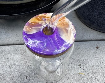 Handpainted Tumbler With Lid, Can Glass 16 oz, Iced Coffee Glass With Lid, Iced Tea Glasses, Glass Tumbler With Straw, Tumbler Glassware