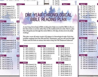 May include: A printable one-year chronological Bible reading plan with a watercolor background of trees and a purple, blue, and white color scheme. The plan is broken down by week and day, with each day listing a specific book and chapter to read.