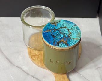 Blue and Gold, La Fermire, Painted Yogurt Jar Lid, Oui Wooden Lids, Yogurt Jar Lids, Oui Jar Lids, Decorative Bamboo Lids, 68 mm,