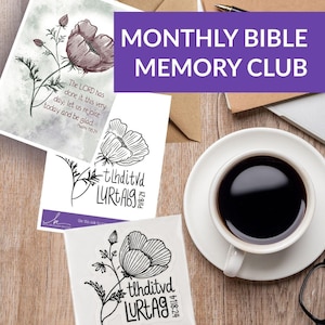 May include: A Monthly Bible Memory Club set featuring floral illustrations and Psalm 118:24 text. Includes a watercolor-style card, a black and white line art card, and a clear sticker, all displaying the verse and poppy-like flower drawings.