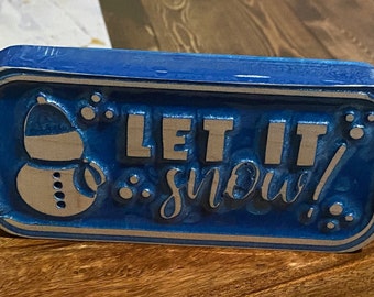 Let It Snow Wood CNC Routed Sign filled with blue Resin. Shelf Decoration. Christmas Decoration.