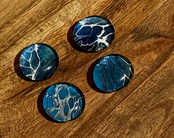 Magnets, Refrigerator Magnets, Pour Painted, Glass Covered, Blue and Silver, Set of 4