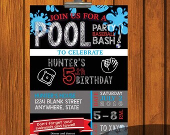 Baseball Pool Party Invitation, Pool Party Birthday Invitation Boy, Boys Birthday Invitation, Birthday Party Invitation Pool Party