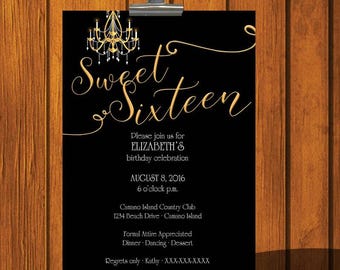 May include: Black and gold Sweet Sixteen party invitation with a gold chandelier design. The invitation includes the date, time, location, and dress code for the event. It also includes the text "Please join us for Elizabeth's birthday celebration".