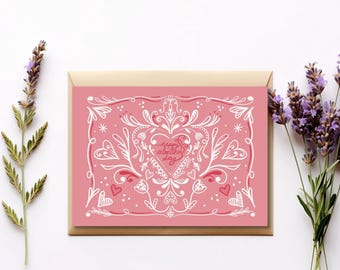Valentines Day Card, Scandinavian Valentines, Greeting Card Valentines, Pink Valentines, Folk Art
