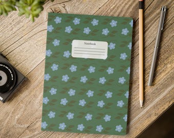 Floral Lined Journal, Green with Blue Daisies Notebook, Folk Art Journal, Small Notebook