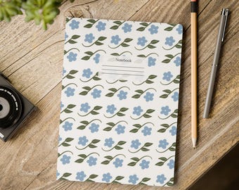 Floral Lined Journal, Linen White Blue Daisy Notebook, Folk Art Journal, Small Notebook