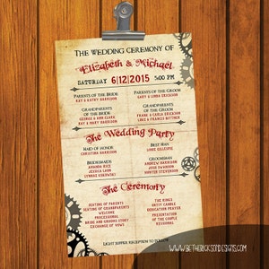 Steampunk Wedding Program / Wedding Ceremony / Order of Wedding / Brown / Maroon / Wedding / Program