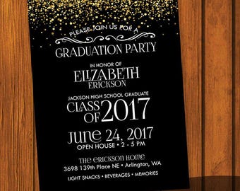 May include: Black and gold graduation party invitation with gold glitter background. The invitation says "Please join us for a graduation party" in honor of Elizabeth Erickson, Jackson High School Graduate, Class of 2017, June 24, 2017, Open House 2-5 PM, The Erickson Home, 3698 139th Place NE, Arlington, WA, Light Snacks, Beverages, Memories, www.bethricksondesigns.com.